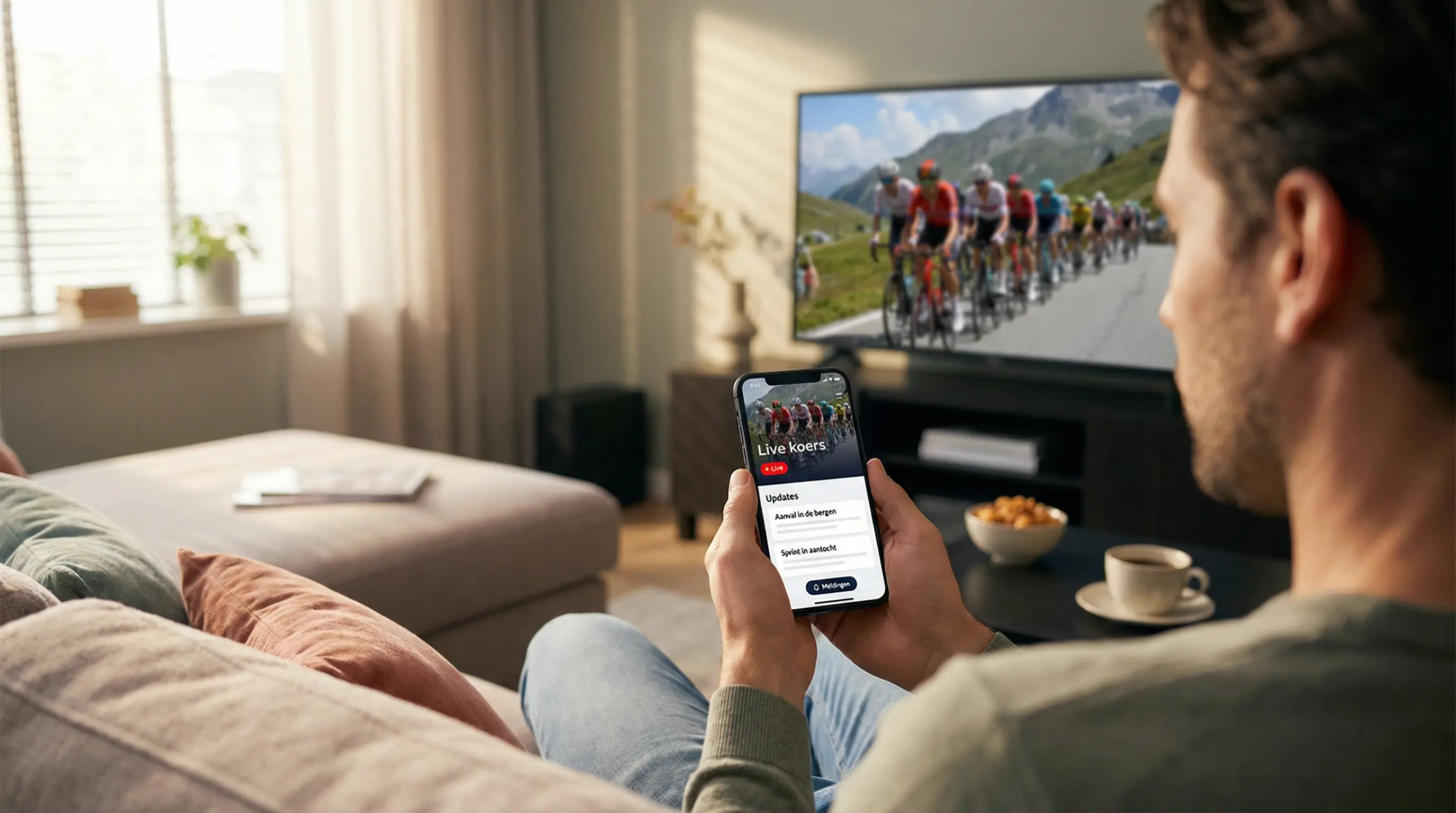 Wielerfan volgt live koers op televisie met smartphone voor live weddenschappen
