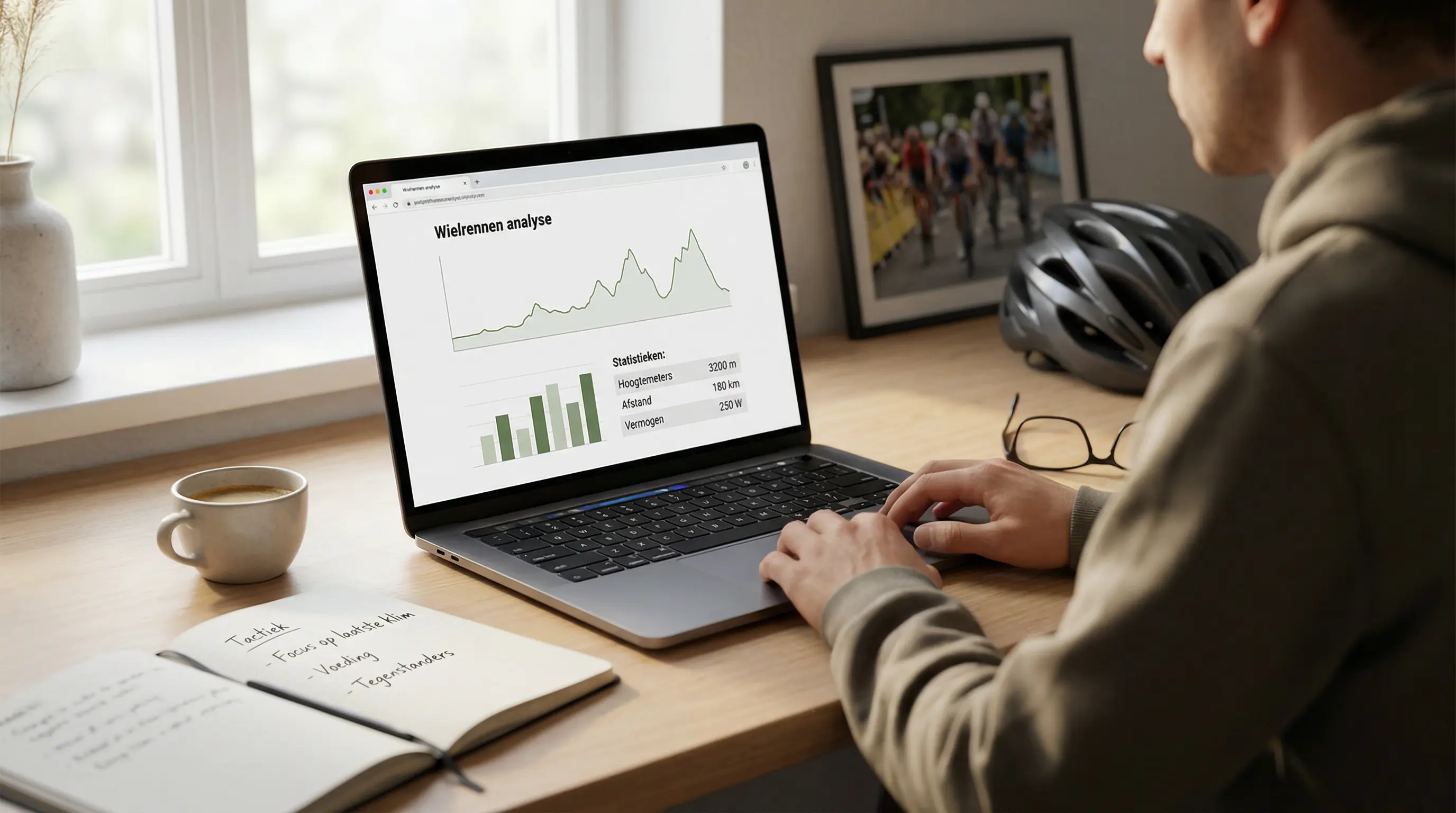 Wielerfan analyseert rennerstatistieken en koersgegevens op laptop