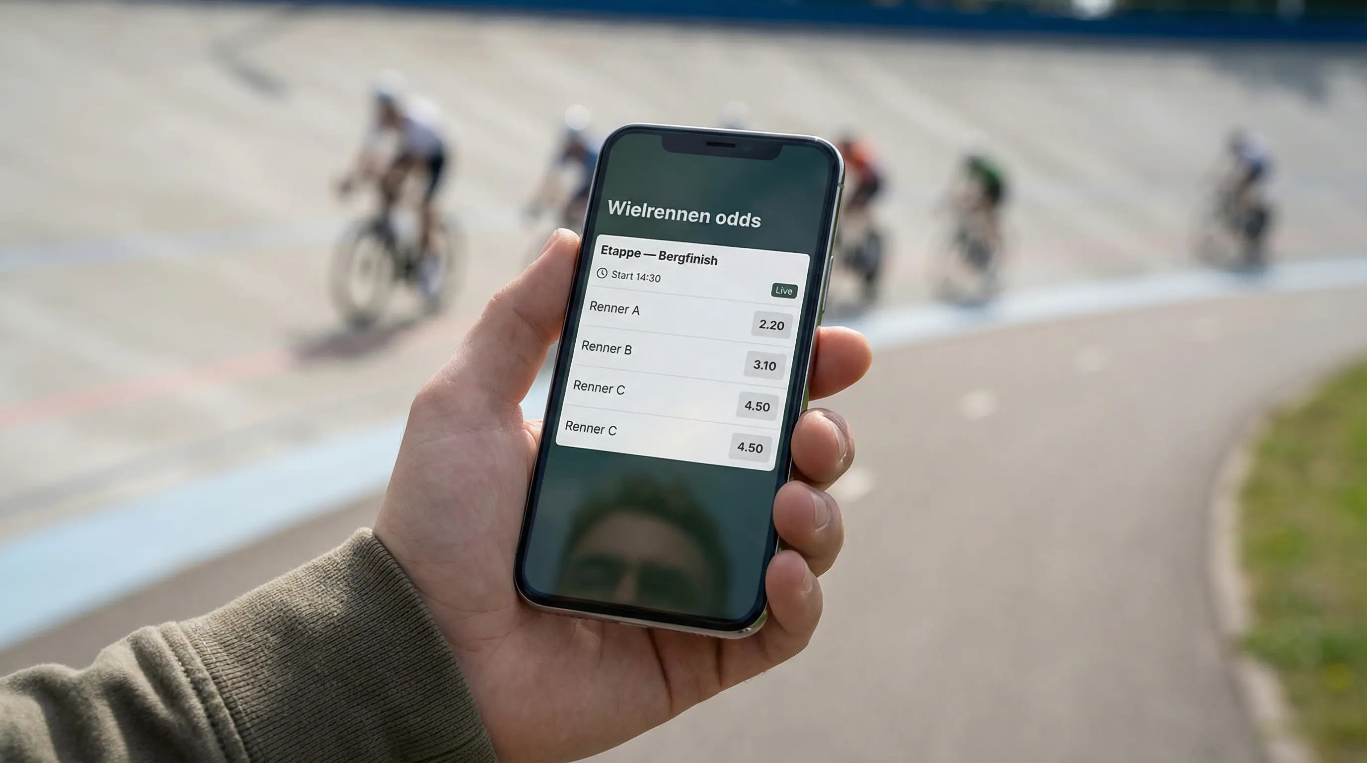 Smartphone met wielrennen weddenschap app naast wielerbaan